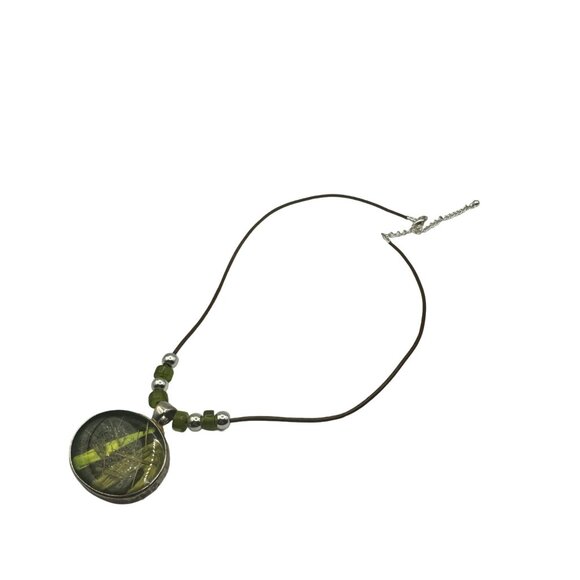 Vtg KC Kenneth Cole Enamel Green Pendant Necklace Glitter Silver Tone Adjustable - Picture 4 of 5